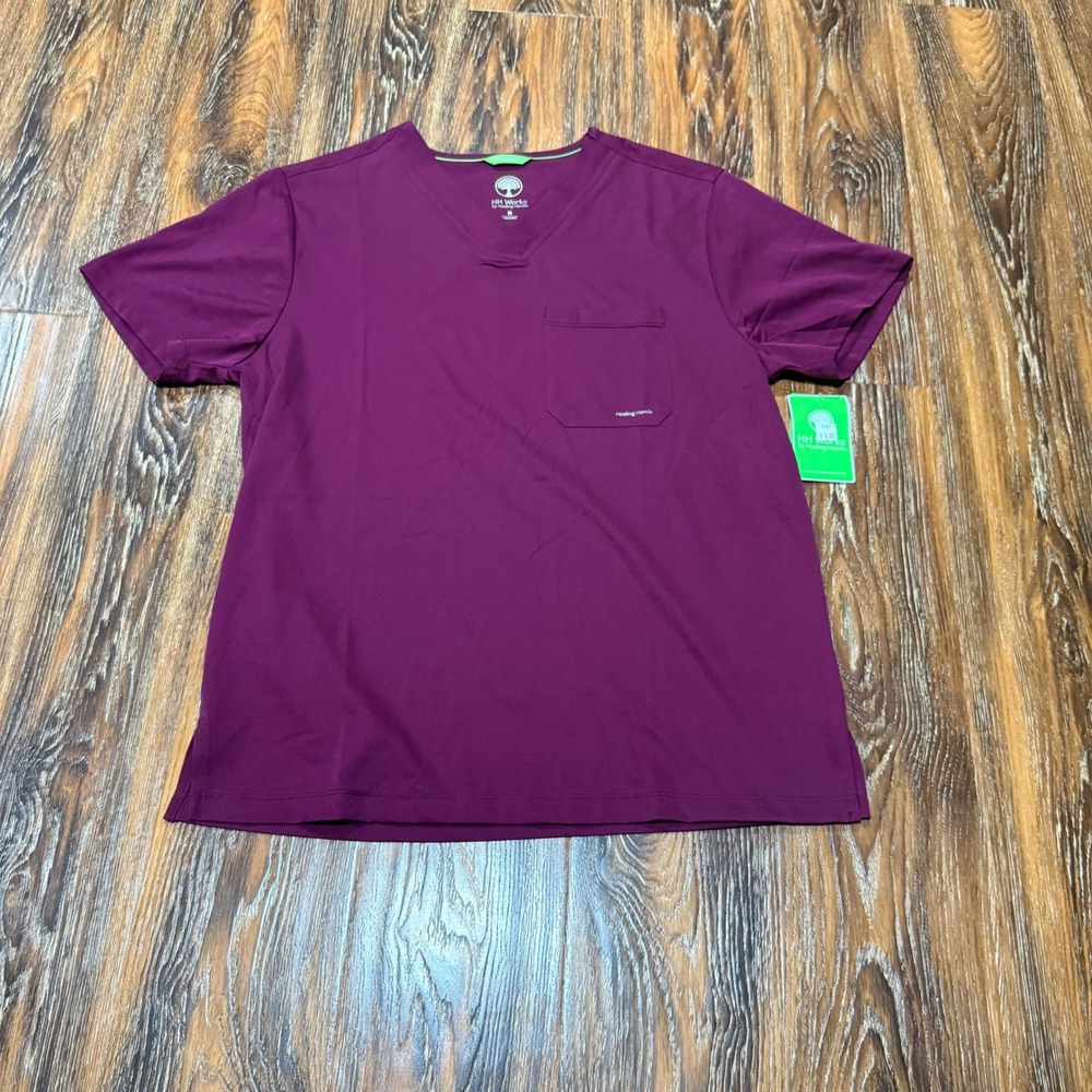 NEW Healing Hands M Scrub Top Women Wine Mason V-Neck Short Sleeve Pocket
